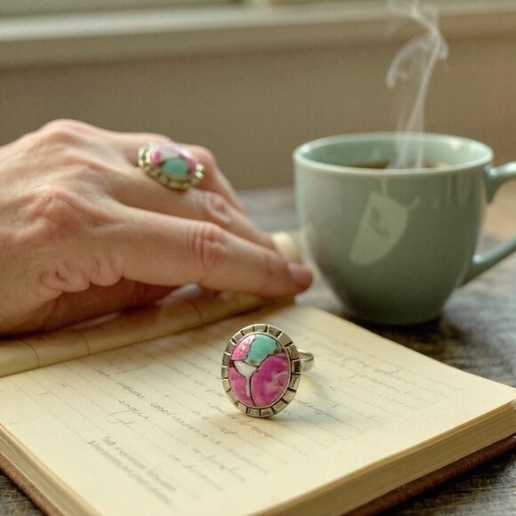 Unique Cotton Candy Turquoise Oval Cabochon Ring Sterling Silver Size 7 New - Picture 7 of 9